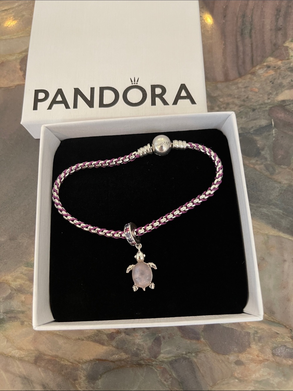 New Pandora Purple Cord Snake Chain Bracelet with Turtle Charm
